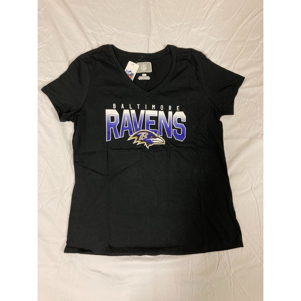 Baltimore Ravens Fanatics T-Shirt Black NFL Football Sports Women's Large V-Neck